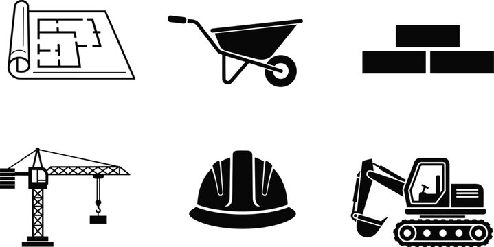 Vector illustration of construction tools and equipment icons including blueprint, wheelbarrow, bricks, crane, safety helmet, and excavator for building and architecture projects