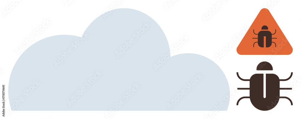 Poster cloud symbol alongside a bug and caution triangle, representing system error, data issue, or cyberse