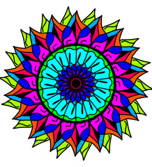 A vibrant and colorful mandala design with symmetrical geometric patterns in neon shades of blue, green, pink, orange, and purple. The artwork features intricate decorative details with a bold contras
