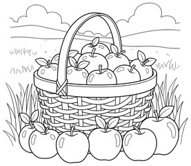 Apple basket vector illustration outdoors in a field with fresh fruits inside and scattered apples around drawn in clean cartoon outline style perfect for coloring pages and decorative design projects