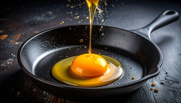 Egg being cracked into a black cast iron skillet for breakfast. A fresh yolk is poured into the hot pan for frying, with dramatic lighting.