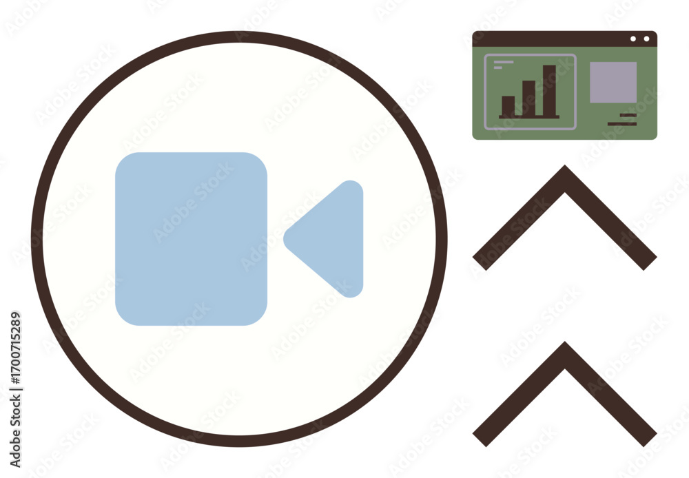 Poster camera icon in circle, browser window with graph and chart, and two upward arrows. ideal for technol