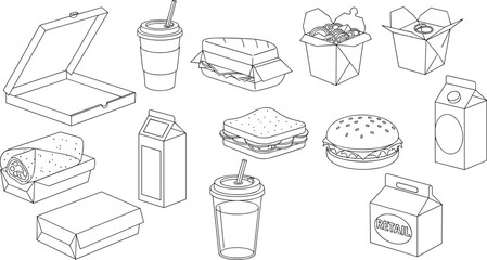 Fast food packaging vector, takeout containers, pizza box, burger, sandwich, drink cup, line art, cad drawing flat vector illustration