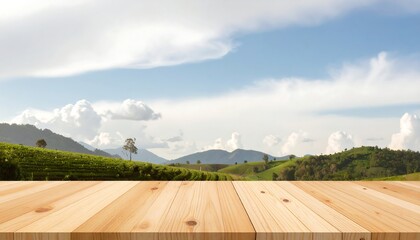 Wooden table top, scenic countryside