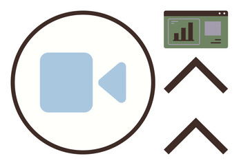 Camera icon in circle, browser window with graph and chart, and two upward arrows. Ideal for technology, communication, video conferencing, progress, analytics growth innovation. Simple flat