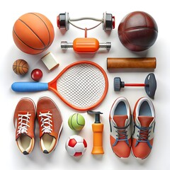 top view of sports equipment on white background