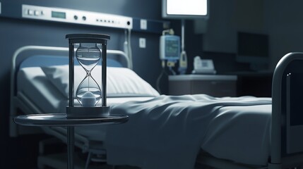 Hourglass in a dimly lit hospital room highlighting the fragility of time and life during a late-night hospital visit