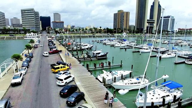 Aerial view of lekki lagos nigeria with buildings, boats, and cars on the road