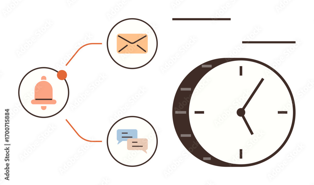 Poster bell with alert, envelope for email, speech bubbles for messaging, and analog clock symbolizing time
