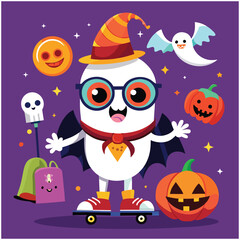 Cute Ghost Character On Skateboard With Halloween Elements