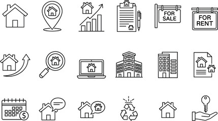 Vector illustration of real estate property line icons set including house, rent, sale, contract, mortgage, investment, key, building, and housing
