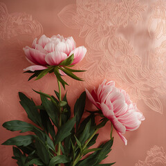 The photo features a surreal, vibrant cinematic scene with oil paint artwork, realistic peonies, and lush green leaves, blending surreal photography and photorealistic elements for a visually engaging
