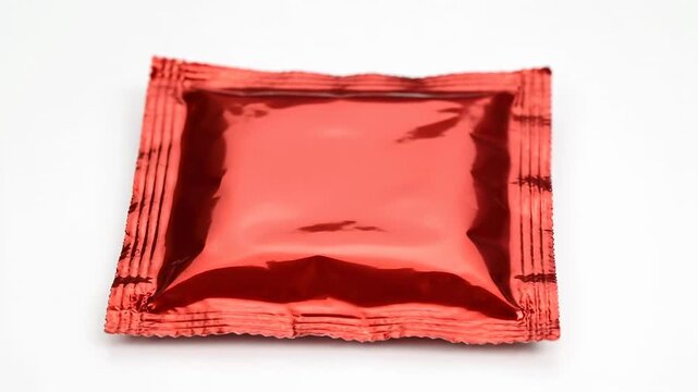 Red Foil Sachet Packaging - A single red glossy foil sachet is displayed on a clean white background. The sachet is square-shaped with slightly folded edges, showcasing a reflective surface.
