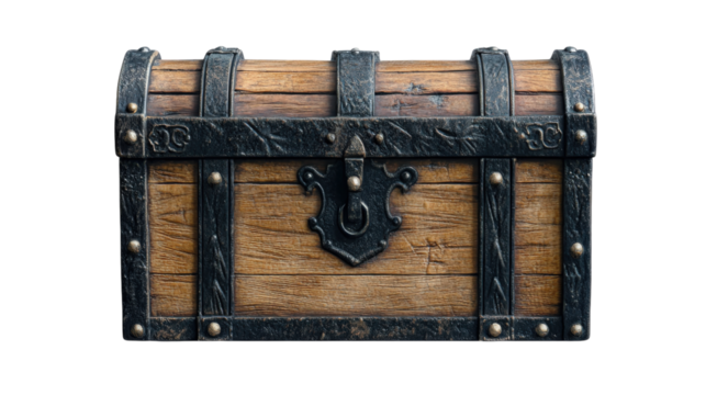 Wooden Treasure Chest with Iron Straps and Ornate Lock for Pirates and Hidden Riches - Powered by Adobe