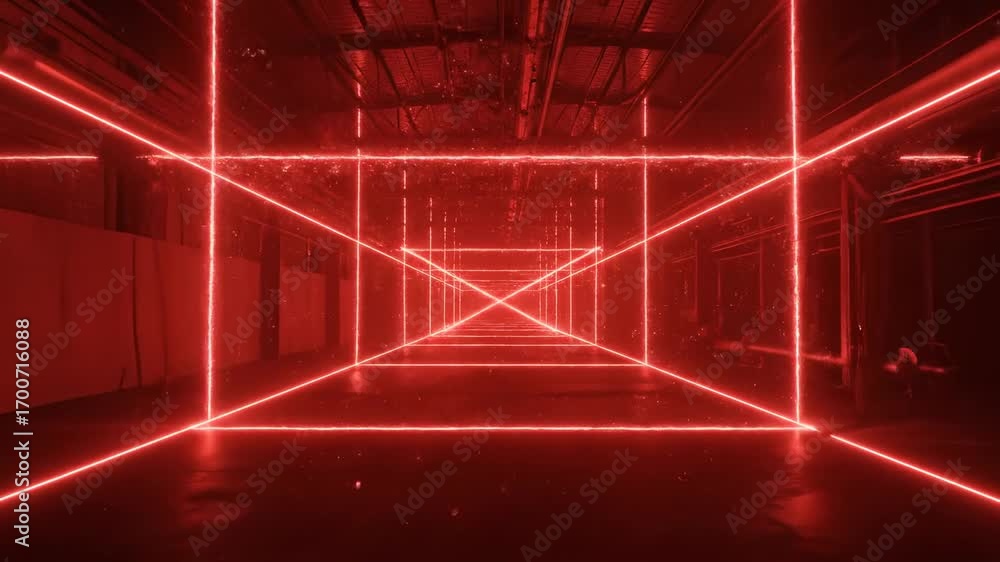 Poster futuristic red laser corridor - red laser beams intersect in an industrial building, creating a futu