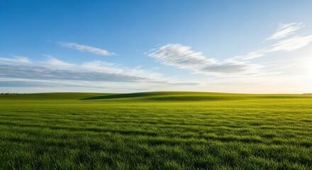 Obraz premium Rolling green hills stretch under a vast blue sky with scattered white clouds and the sun shining brightly