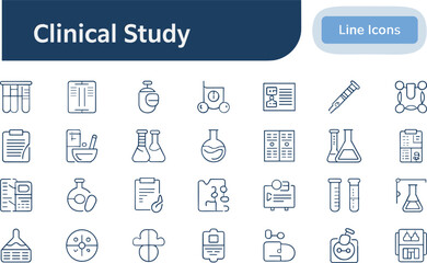 Vector pack of clinical study line icons including laboratory equipment, test tubes, medical research, healthcare symbols, pharmaceutical elements, and hospital illustrations