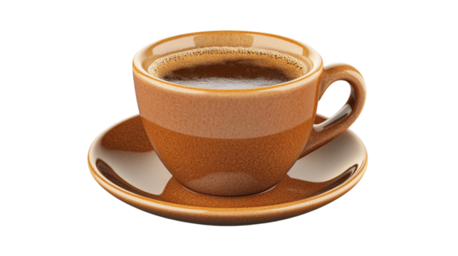 Aromatic Brown Coffee Cup with Saucer on a Transparent Background for Beverage Designs