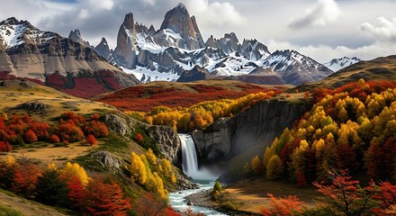Fototapeta premium Autumnal Mountain Waterfall Landscape.