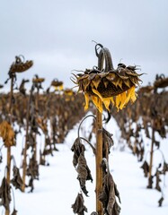 Withered sunflowers in a snowy field