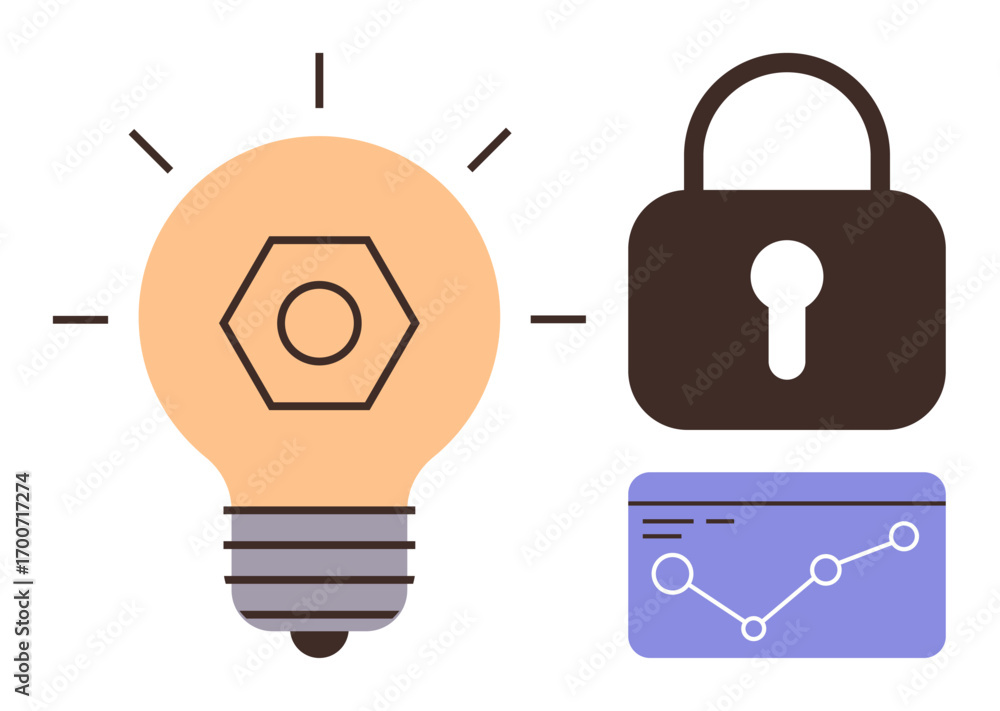 Poster illuminated light bulb, closed lock, and data chart with line graph. ideal for innovation, security,