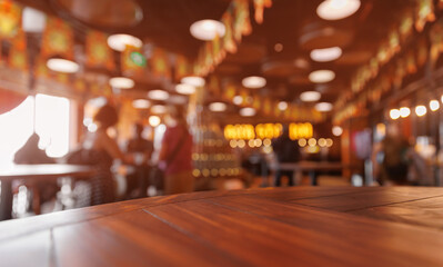 Blurred background warm rustic wooden tabletop of bar interior, sunlight