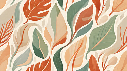 A seamless pattern of stylized leaves in warm autumnal colors like terracotta, sage green, and muted beige, creating a modern botanical aesthetic