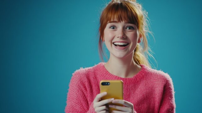 Young woman with bright smile enjoying smartphone in vibrant blue background while wearing cozy pink sweater