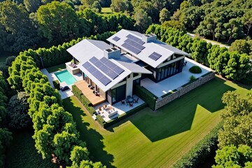 Drone footage showcases environmentally-friendly modern home among vibrant foliage, highlighting solar panels and high-tech amenities.