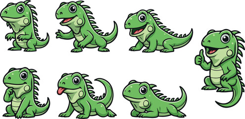 vector illustration of iguana reptile funny cute cartoon mascot character cartoon with 7 poses 01
