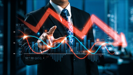 Economic caution visualized with fluctuating market graph, alert symbols, and negative data trends. Represents financial risk, market volatility, and economic uncertainty. Elide