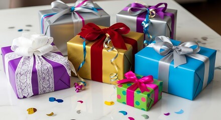 Colorful assortment of gift boxes elegantly adorned for festive occasions celebrations