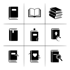 Black and White Book Icons Set with Reading, Learning, and Library Symbols