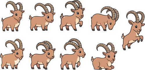 vector illustration of ibex goat funny cute cartoon mascot character cartoon with 9 poses 02