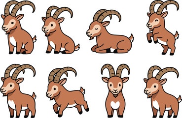vector illustration of ibex goat funny cute cartoon mascot character cartoon with 8 poses 02