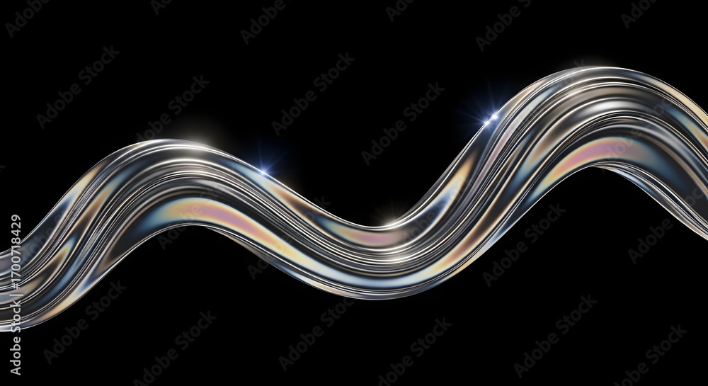 Poster wavy iridescent chrome tube on a black background. futuristic liquid metal and holographic design el