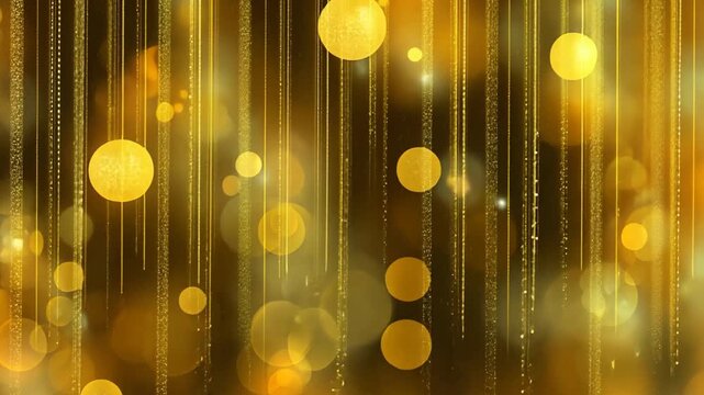 An abstract gold background with delicate gold threads intertwined and illuminated by soft glowing bokeh lights, creating a shimmering and luxurious atmosphere.
