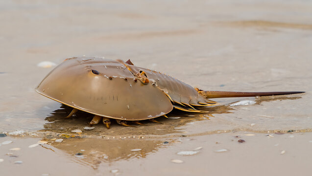 A horseshoe crab with its tail extended, partially submerged in shallow water at the edge of a sandy beach with scattered shells