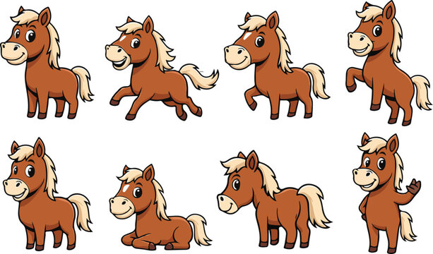 vector illustration of horse funny cute cartoon mascot character cartoon with 8 poses 01
