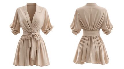 Elegant Beige Dress with Wrap Front and Tie Waist Isolated on Transparent Background