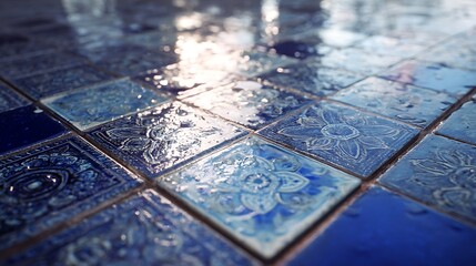 Naklejka premium Blue glass tiles arranged in intricate pattern with water droplets reflecting light in dark room 