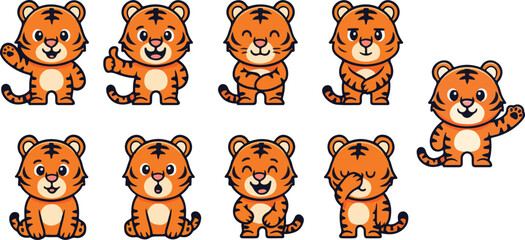 vector illustration of tiger funny cute cartoon mascot character cartoon with 9 poses 03