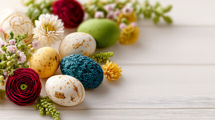 Easter eggs and spring flowers, festive floral composition, holiday background on wood