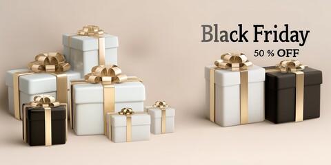 Black Friday sale banner with text 50% OFF, gold design, light background, minimalist style, 3D rendered illustration