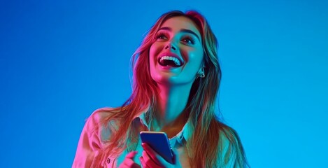 Bright expression of young woman enjoying her mobile device under colorful lights in a studio setting