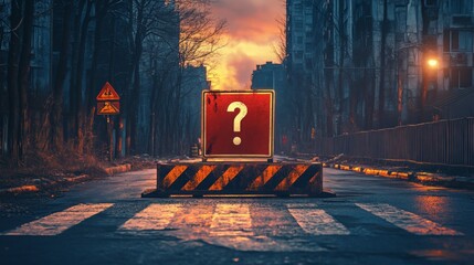 Mysterious roadblock with question mark in urban setting during twilight hours