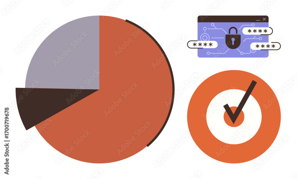 Poster password lock interface, pie chart for data, tick mark for accuracy. ideal for data analysis, cybers