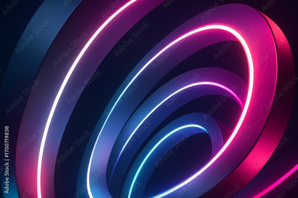 Poster abstract background of a futuristic neon vortex with glowing rings. digital technology and data tunn