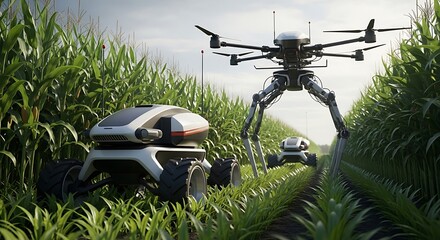 Future of agriculture with advanced autonomous farming robots and drones working in a field