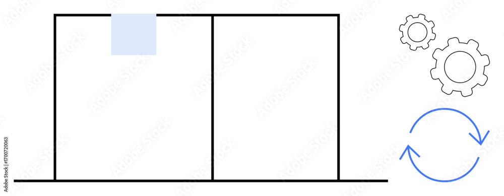 Poster gear icons, a synchronization loop, and a simple grid layout emphasizing process automation and busi